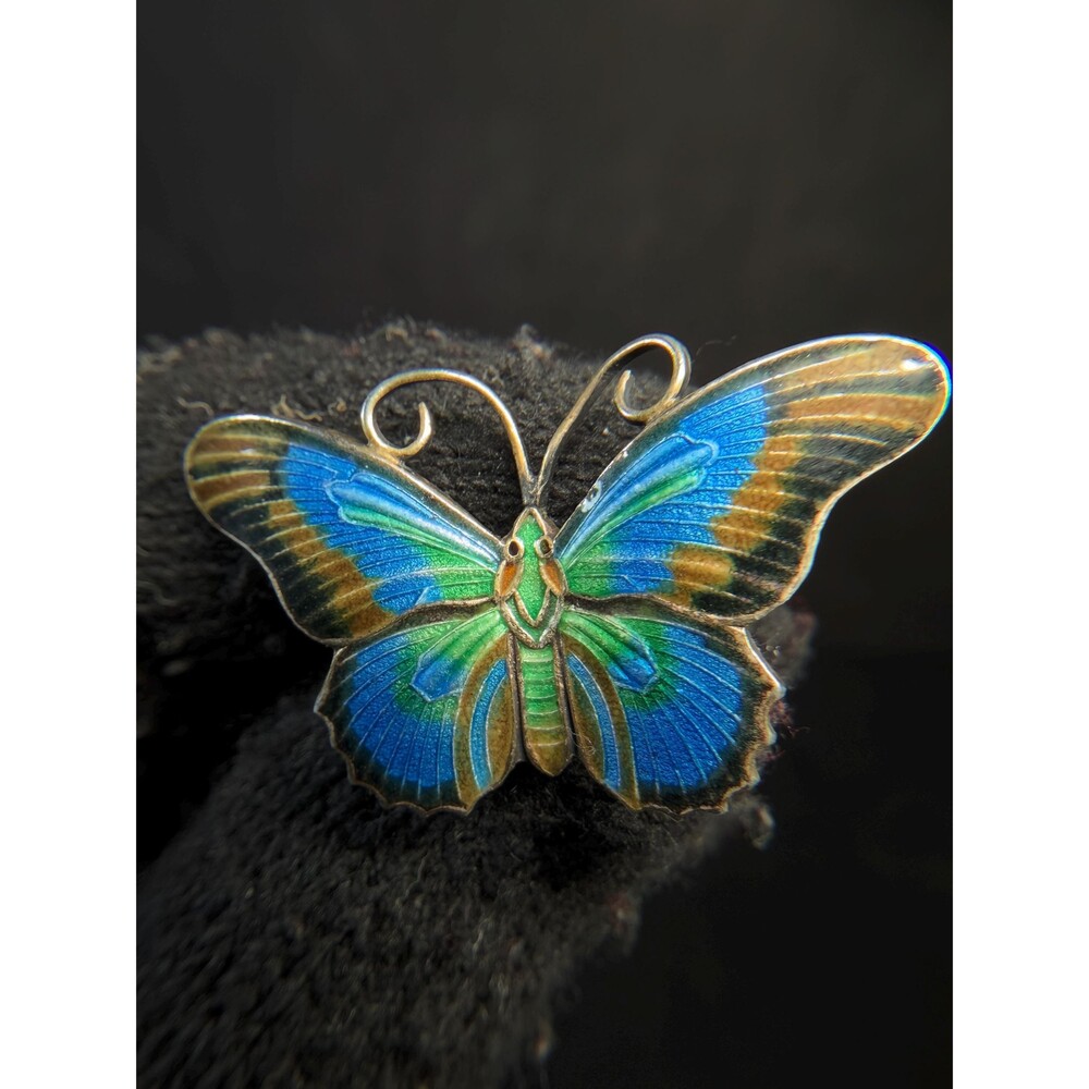 Antique Silver Enamel Butterfly Brooch European Art Nouveau Blue Green Guilloche